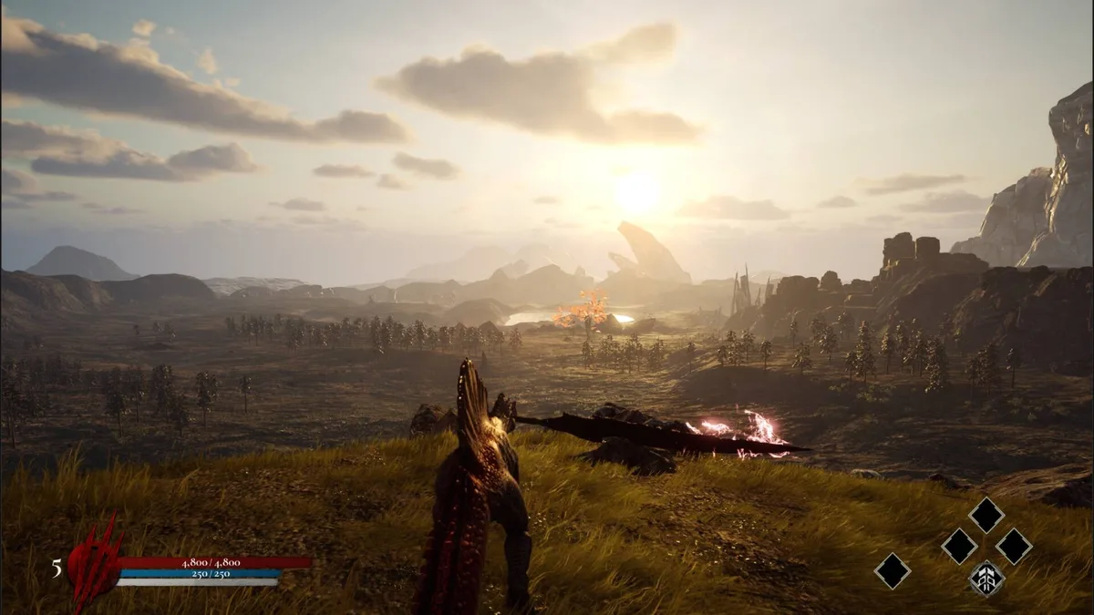 Dinoblade Spinosaurus overlooks a sunlit prehistoric valley with combat HUD and distant cliffs