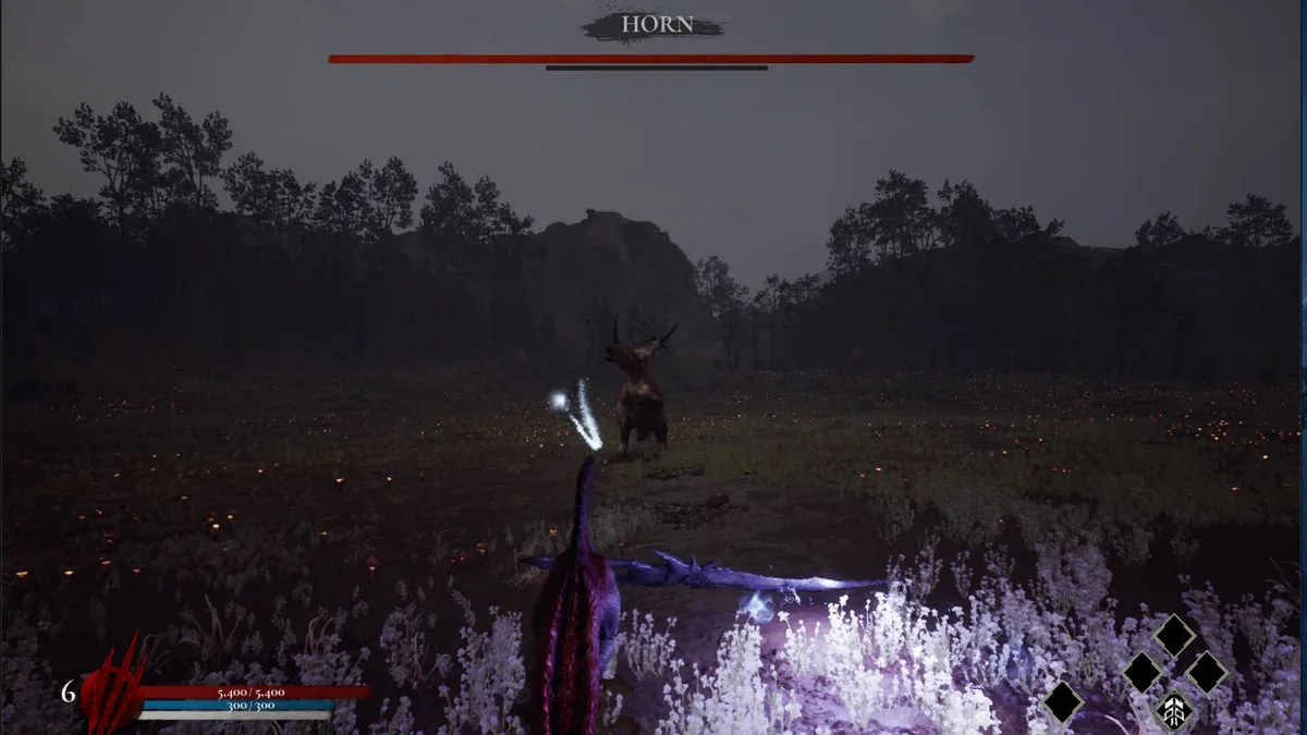 Dinoblade HORN boss fight in a dark flower meadow with the boss health bar and glowing sword visible