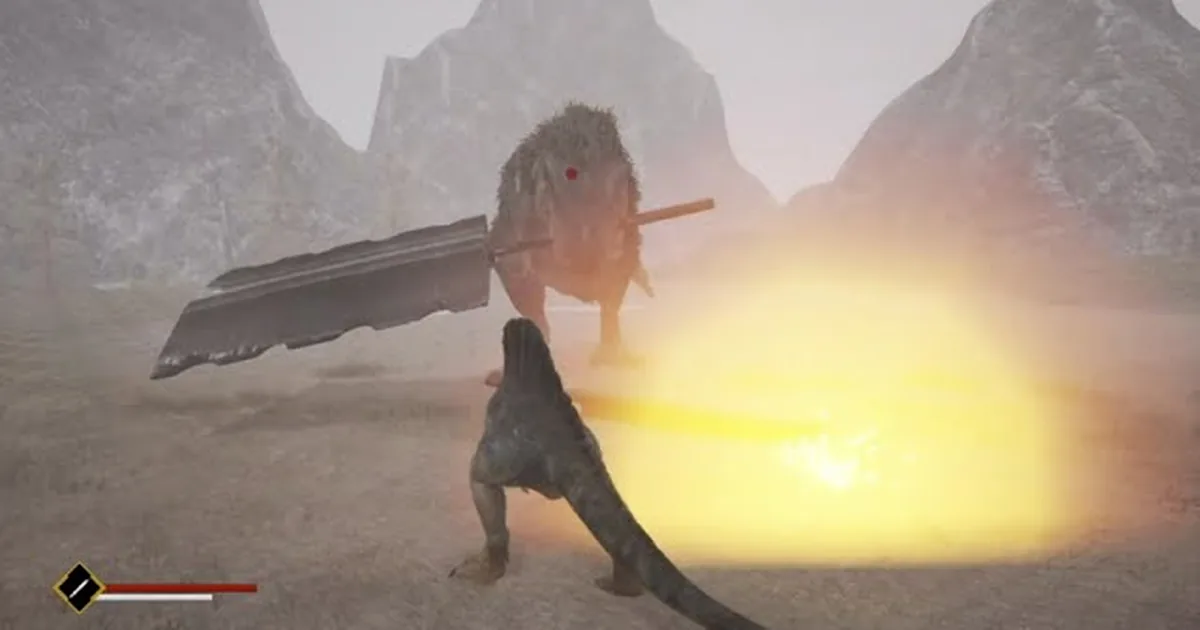 Dinoblade Spinosaurus faces a hammer-wielding dinosaur as an explosive attack lights the arena