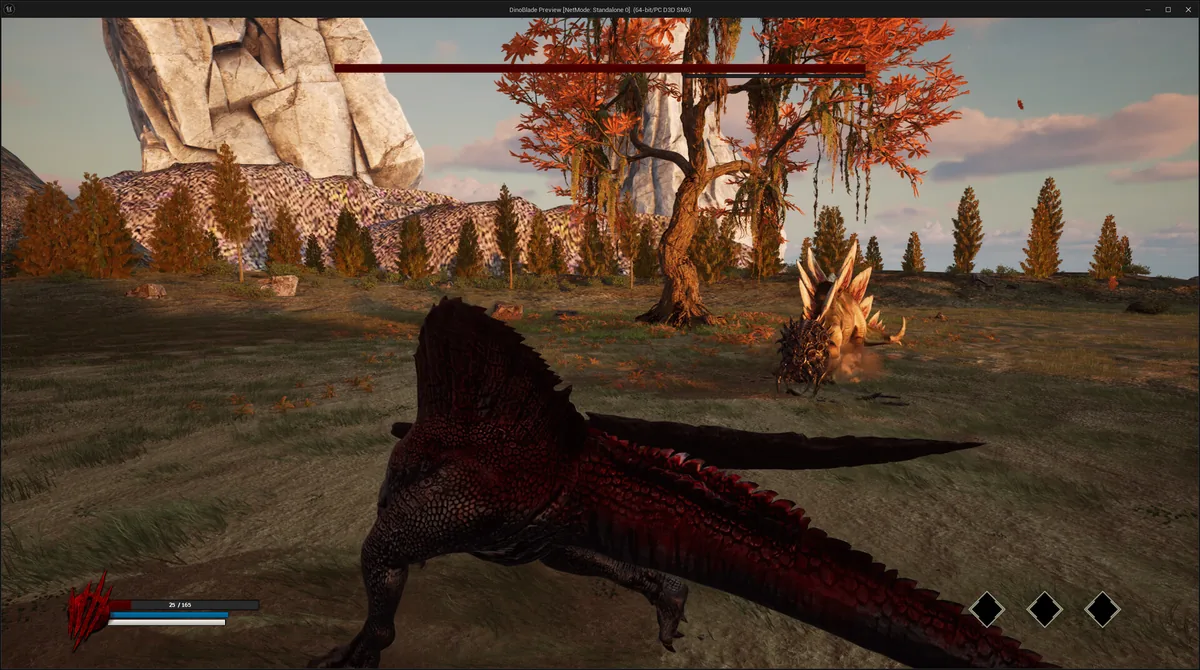 Dinoblade player fighting a Styracosaurus-like armored dinosaur enemy in an autumn forest biome, boss health bar visible near full