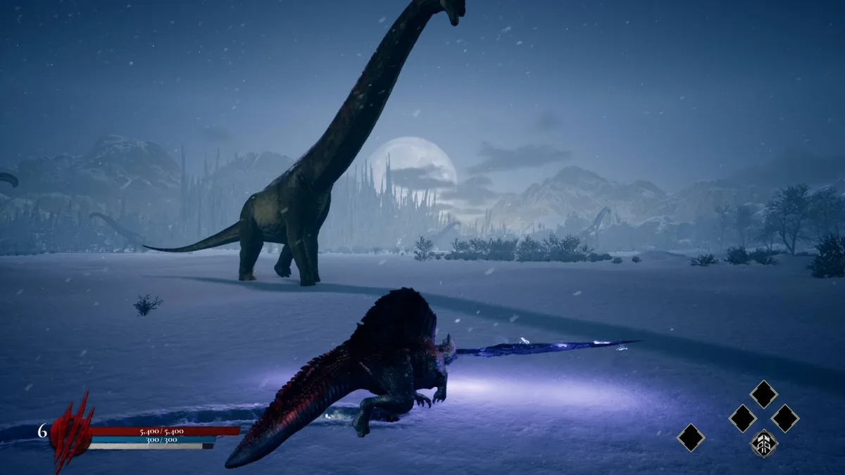Dinoblade player Spinosaurus on a moonlit snowy plain at night, ice-coated great sword extended, background sauropod dinosaurs visible near a full moon