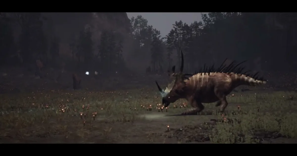 Spinosaurus facing a horned dinosaur in a dim flower-strewn arena during an official Dinoblade boss fight
