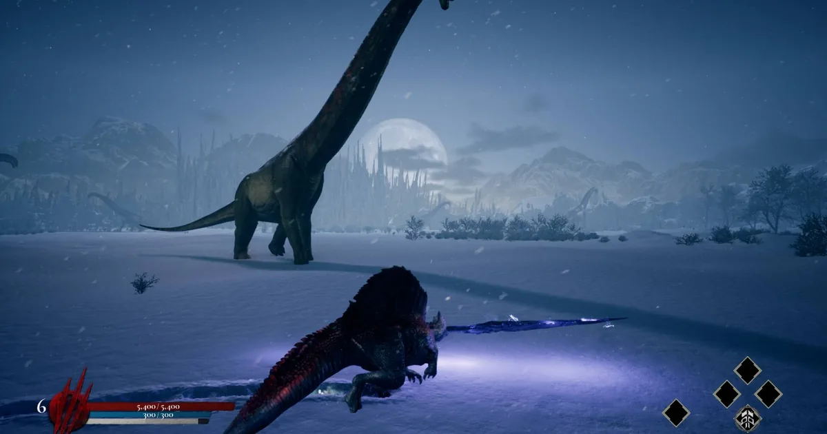 Dinoblade player Spinosaurus on a moonlit snowy plain at night, ice-coated great sword extended, background sauropod dinosaurs visible near a full moon