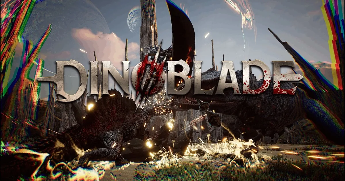 Spinosaurus fighting a larger dinosaur under the Dinoblade logo in a rocky prehistoric arena