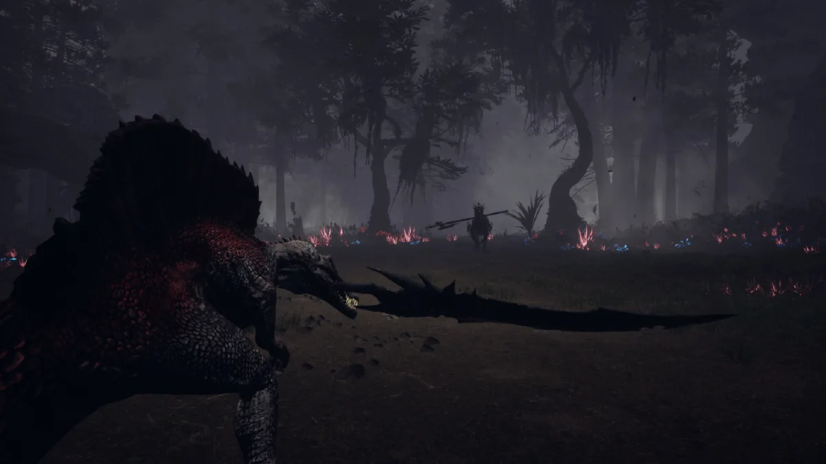Dinoblade player Spinosaurus approaching a foggy bioluminescent swamp at night, a distant armored dinosaur enemy visible carrying a spear