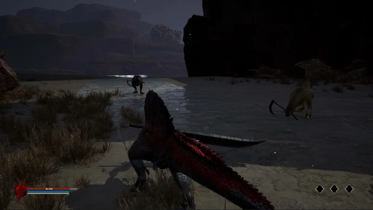 Dinoblade player Spinosaurus on a dusk coastal beach, low on health, facing two distant scythe-wielding dinosaur enemies across the sand