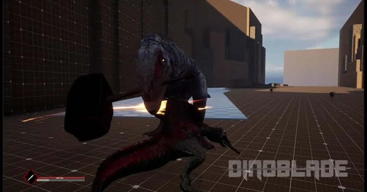 Dinoblade Spinosaurus fighting a hammer-wielding dinosaur in a grey test arena
