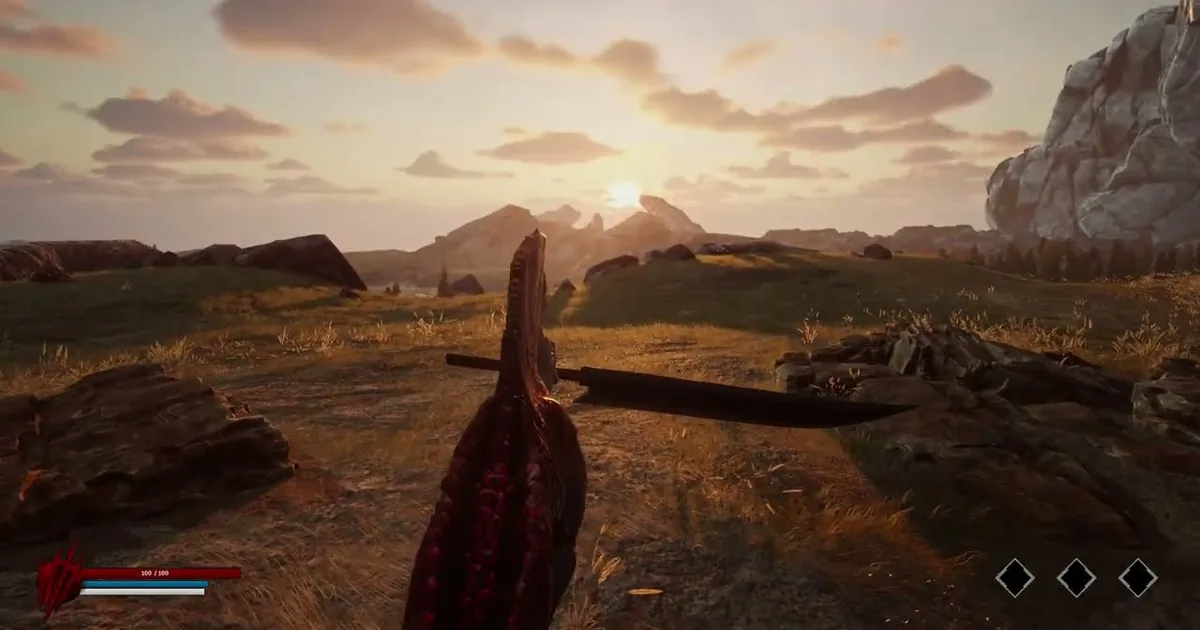Spinosaurus holding an oversized great sword on a sunlit prehistoric ridge with cliffs and a distant valley