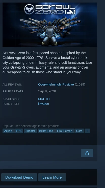 SPRAWL zero's Steam store sidebar after launch, showing the release date, review summary, developer MAETH, publisher Kwalee and a Download Demo button