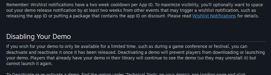 Steamworks documentation section titled Disabling Your Demo, explaining that deactivated demos stay in players' libraries but cannot be launched