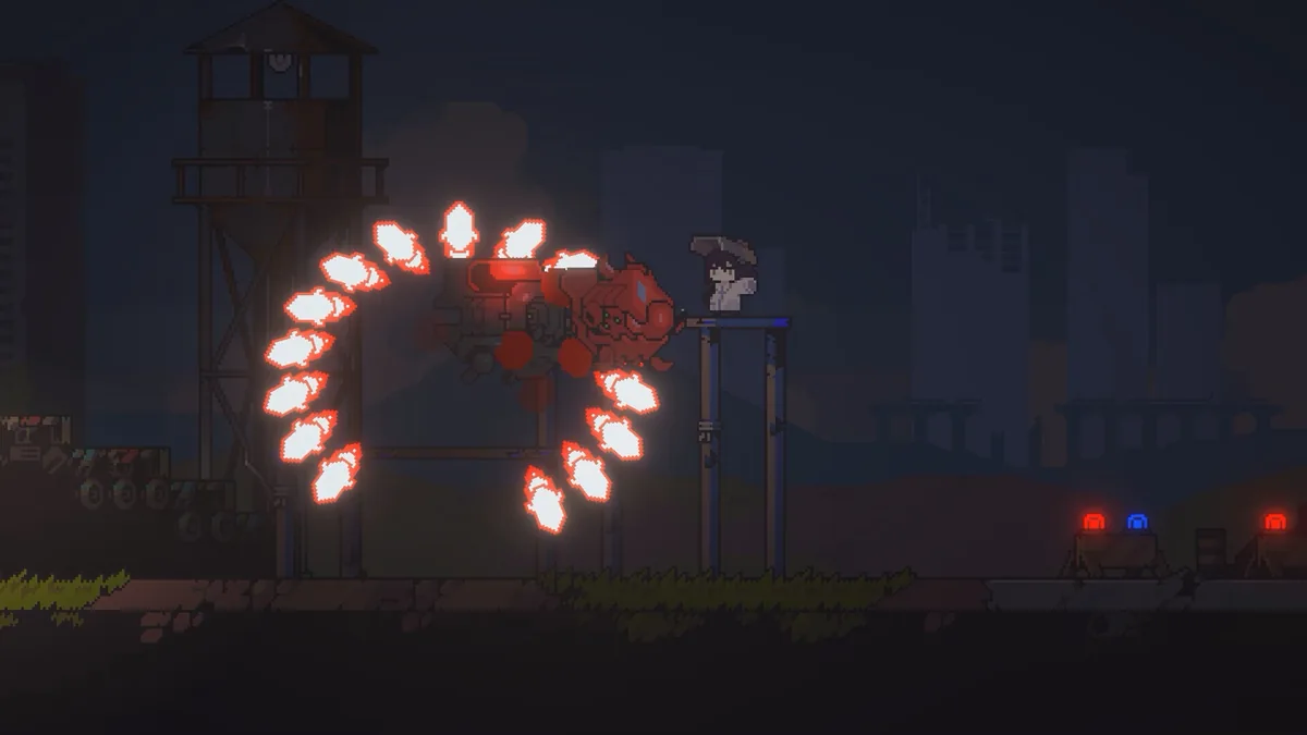 A player on a narrow platform faces a hulking mech firing a circular ring of bullet-hell projectiles at night