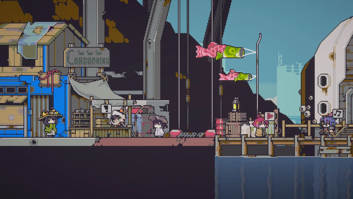 Villagers gather at a lantern-lit dock market under pink and green koi-shaped festival banners