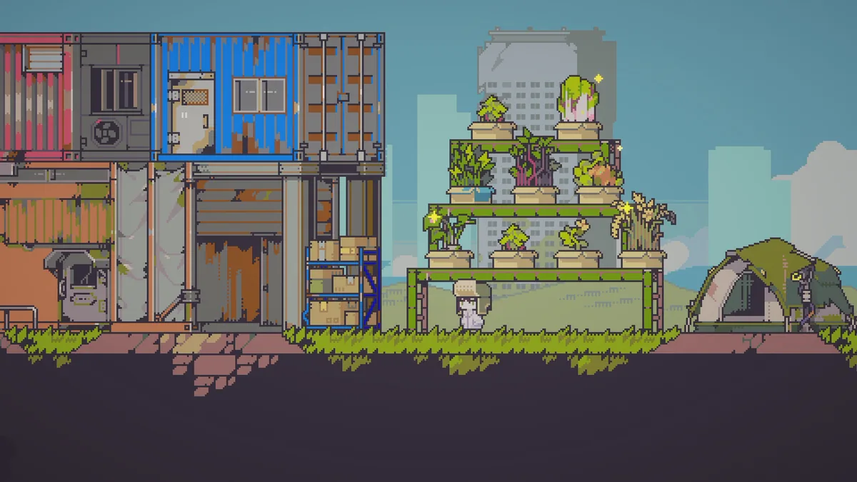 A three-tier scrap planter rack stacked with crops and flowers beside the player's tent
