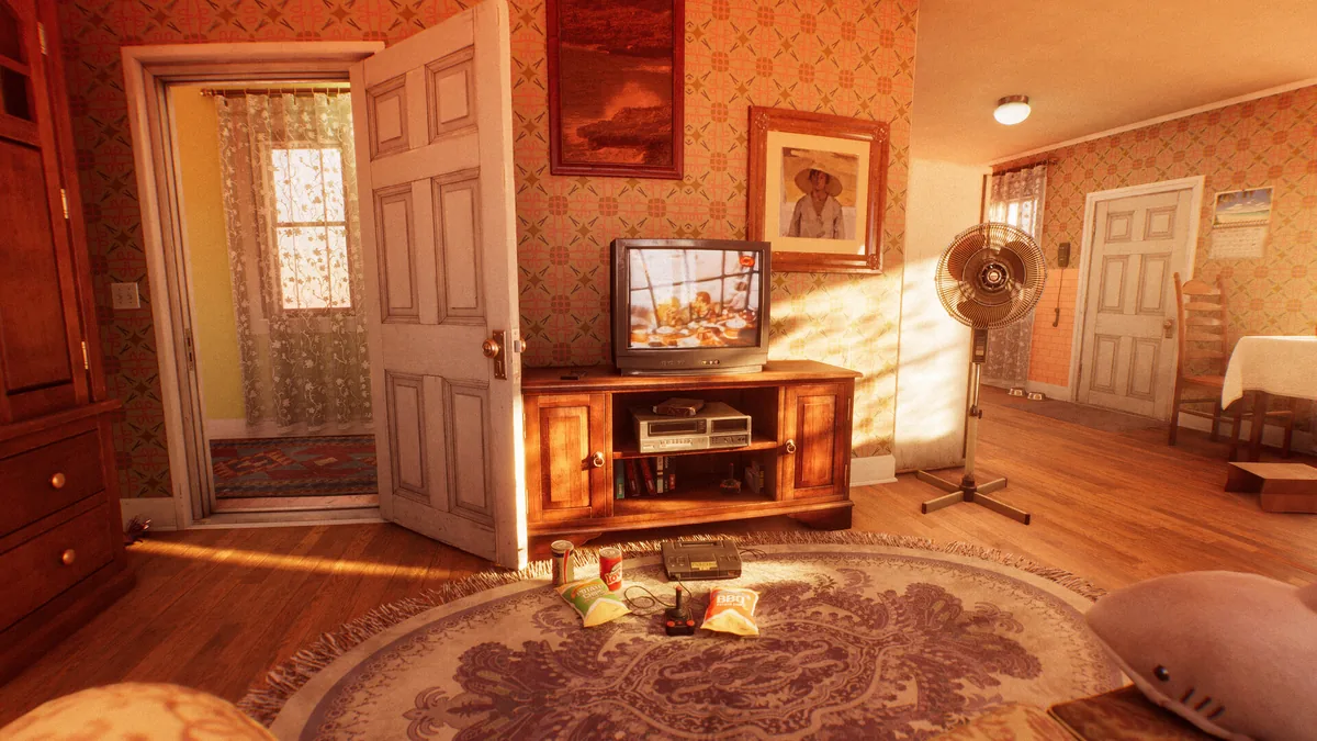 Warm retro living room in Dreamcore Rabbit Hole with a CRT television, patterned wallpaper, and snack bags on a round carpet lit by afternoon sun