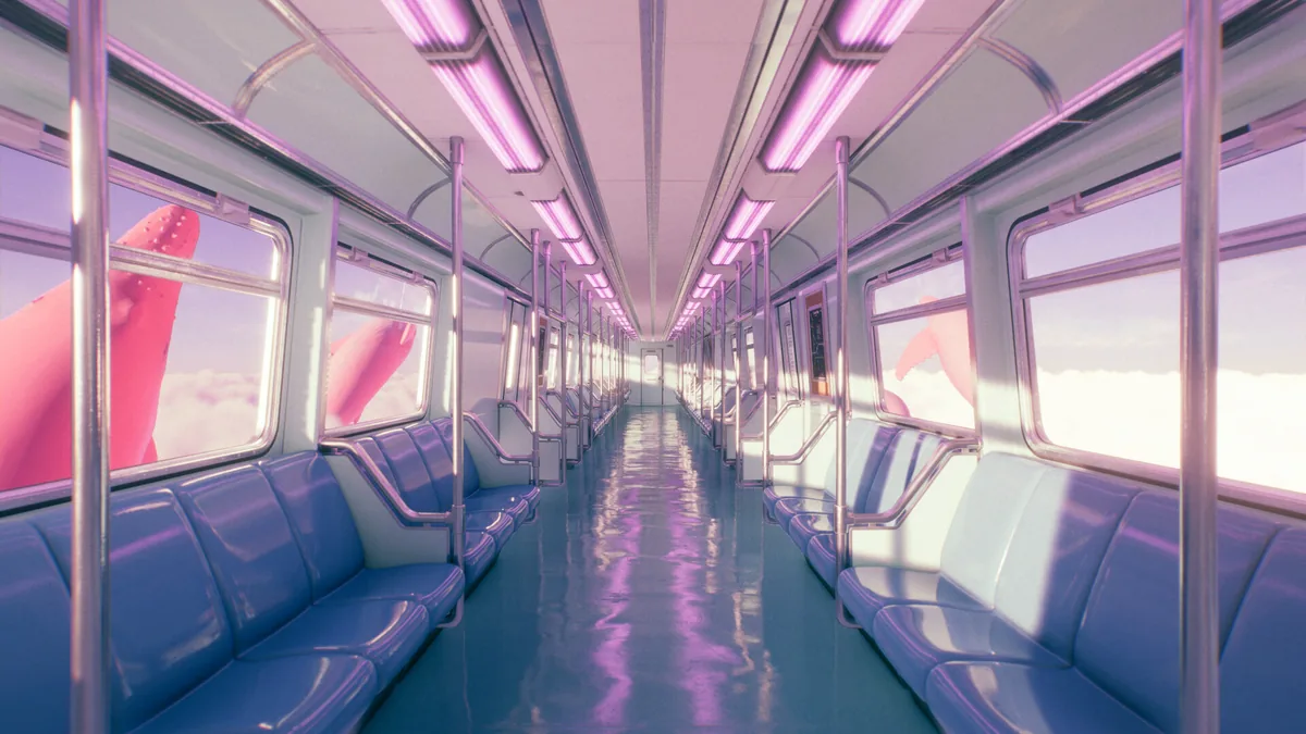 Empty subway car interior in Dreamcore Rabbit Hole, blue seats reflecting purple neon lighting as windows show clouds and sky below