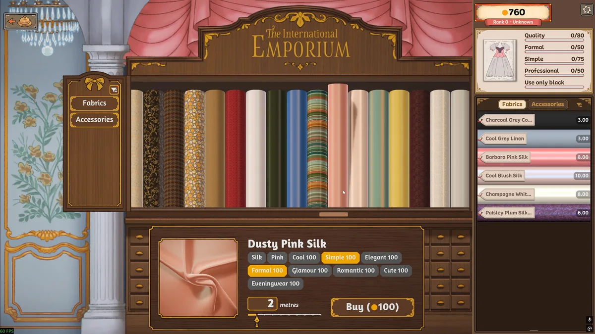 Dressmaker fabric catalog in the International Emporium showing bolts of cloth and material choices