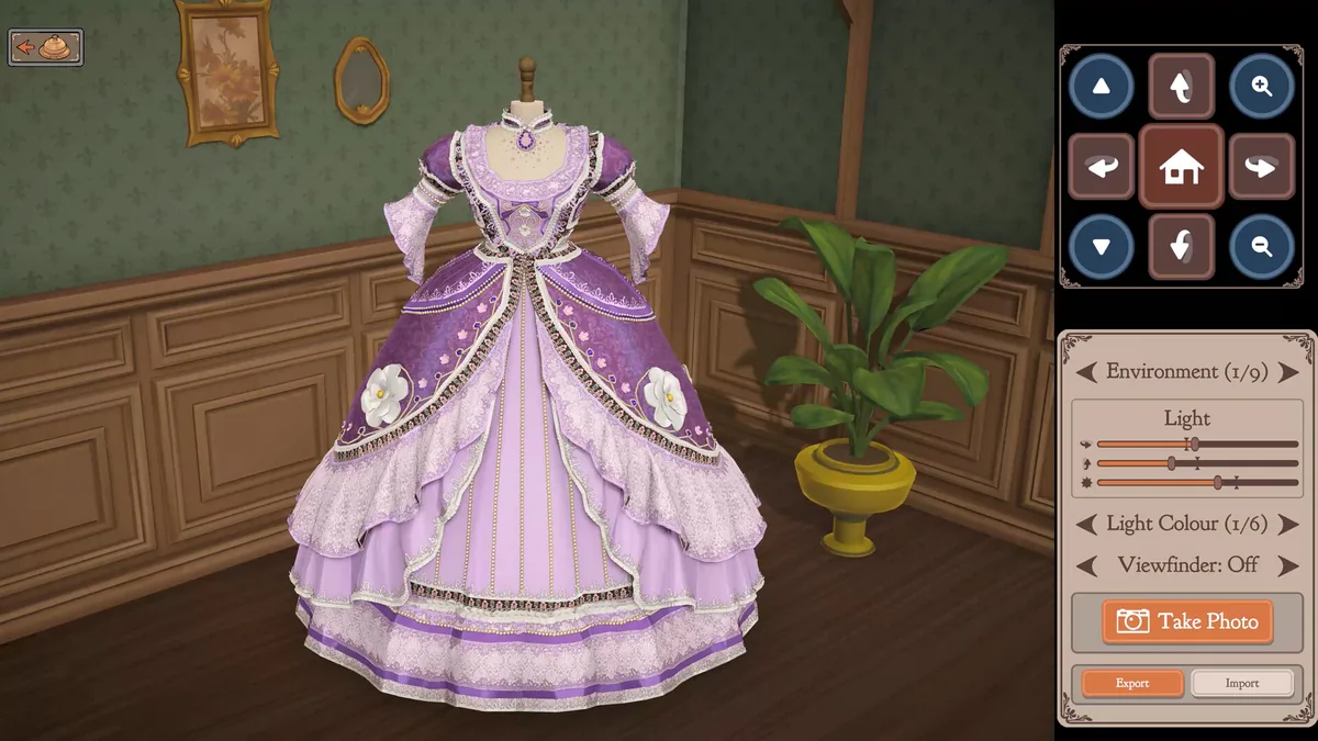 Finished purple dress on a mannequin in Dressmaker's photo mode with camera and environment controls visible