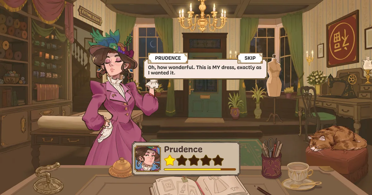 Dressmaker character in a pink suit showing a finished garment to a customer while a cat sleeps beside the fitting room