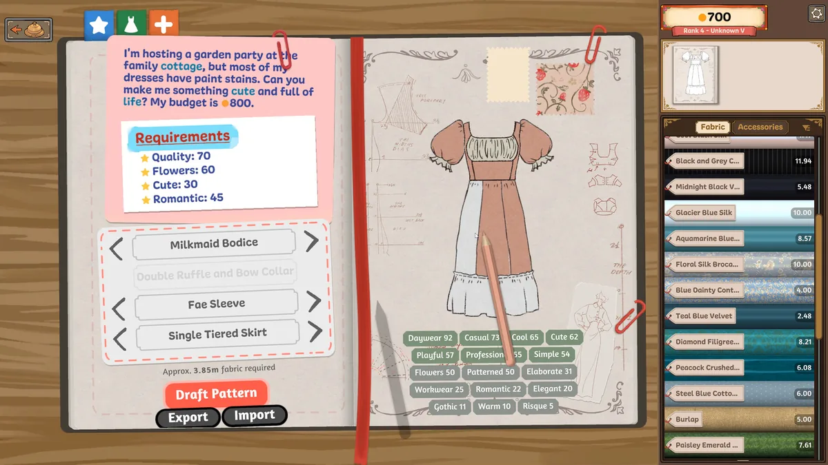 Dressmaker sketchbook showing the Milkmaid Bodice pattern, fabric choices, budget, and quality, flowers, cute, and romantic requirements