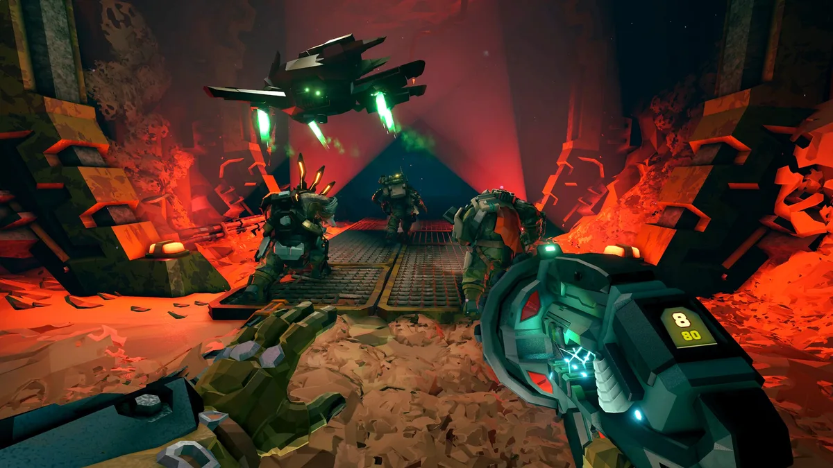 Deep Rock Galactic Rogue Core four-player squad in a cave system, Guardian stun zone visible, Slicer engaging a chain kill sequence