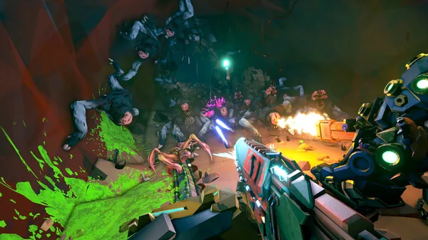 Deep Rock Galactic Rogue Core Reclaimer squad moving through Expenite-lit caverns, Guardian at the front