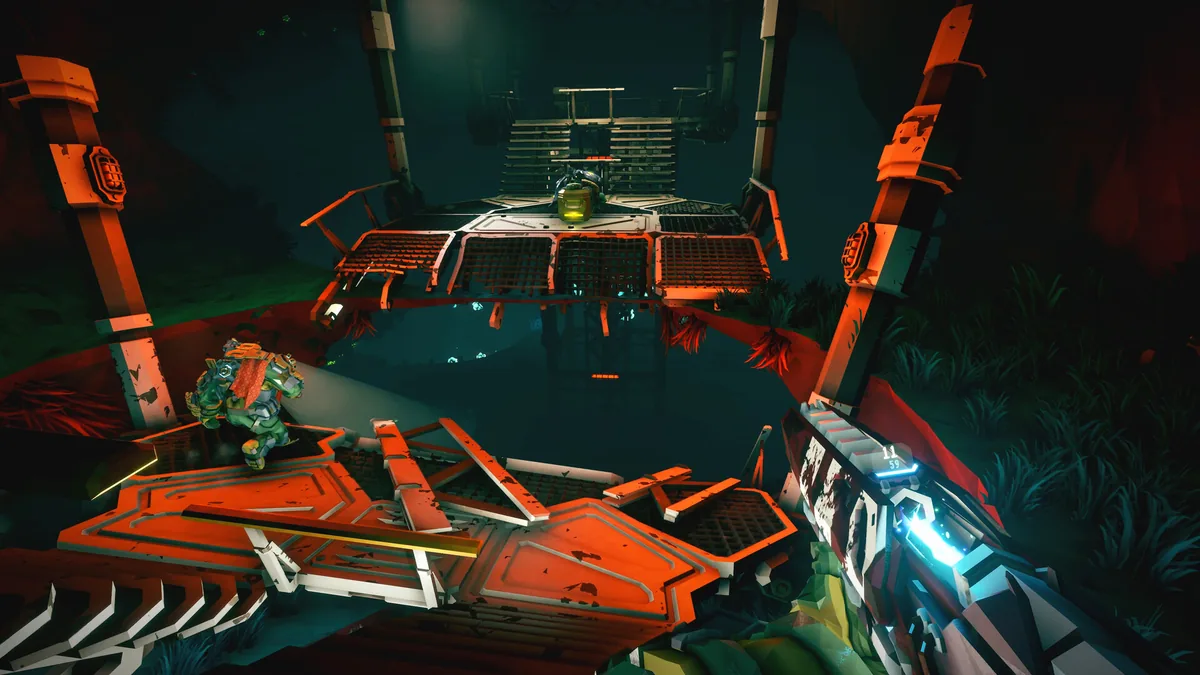 A first-person view firing a glowing energy weapon at an armored enemy standing before a large industrial gate structure