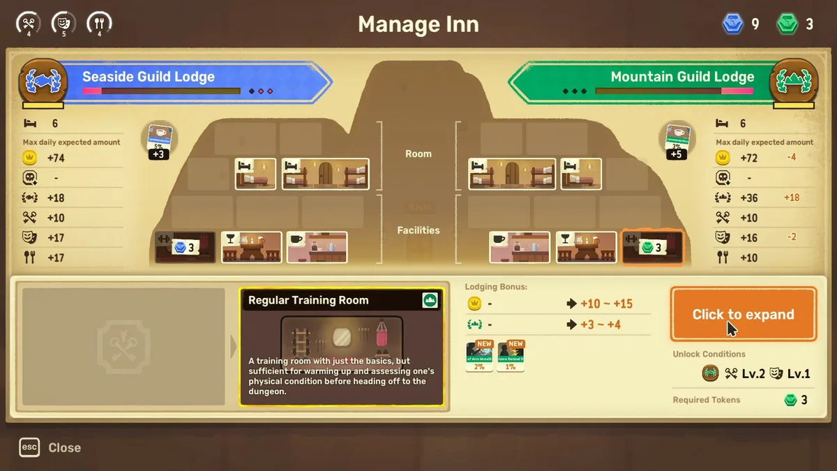 Dungeon Inn Manage Inn screen with Seaside Guild Lodge and Mountain Guild Lodge wings, a Regular Training Room expansion costing three Mountain tokens and a Click to expand button