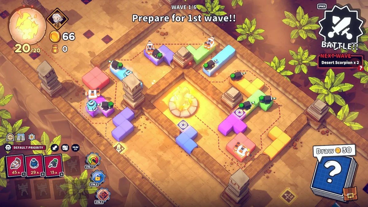 First wave setup with colored block cards, compact towers, a central fire source, and the next enemy preview
