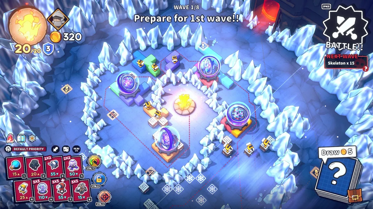 Icy first-wave maze with portals, rune-marked tiles, large towers, and a skeleton preview panel