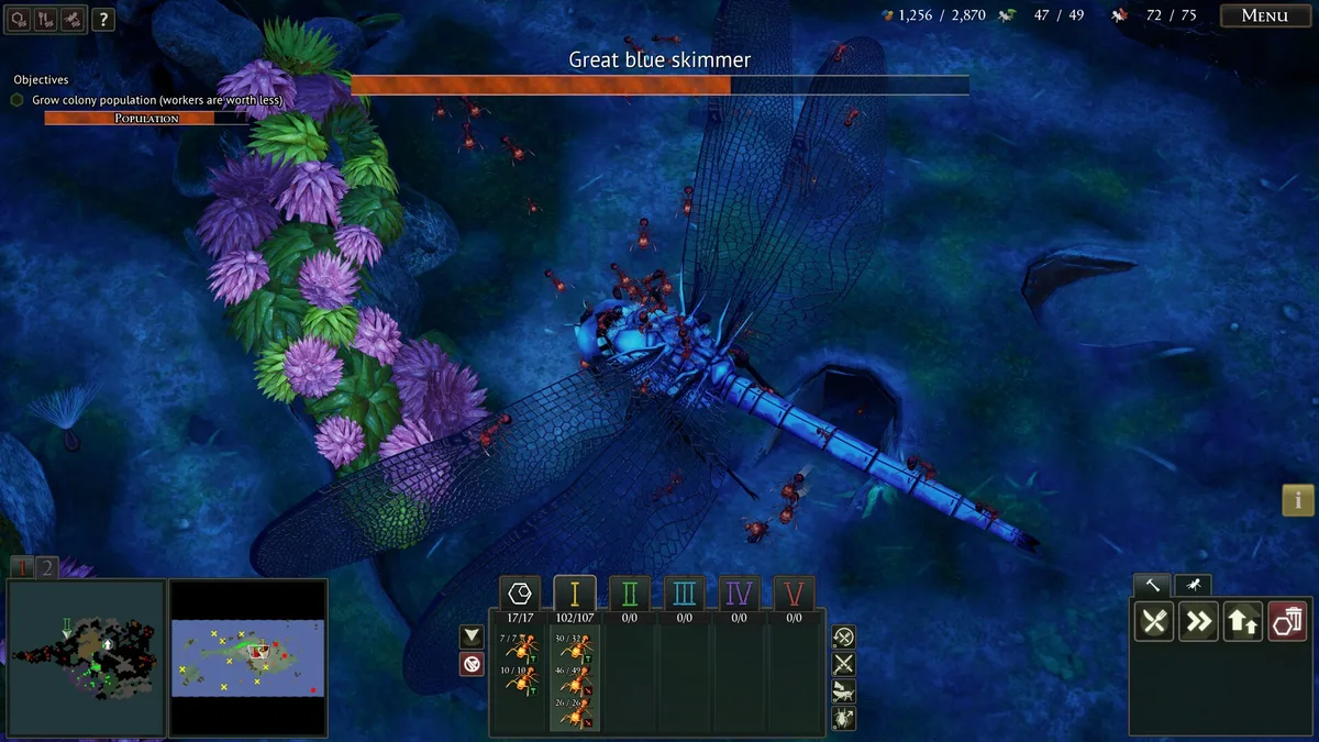 A great blue skimmer dragonfly hovers over blue water and purple flowers while red ants attack it, with its name and health bar at the top