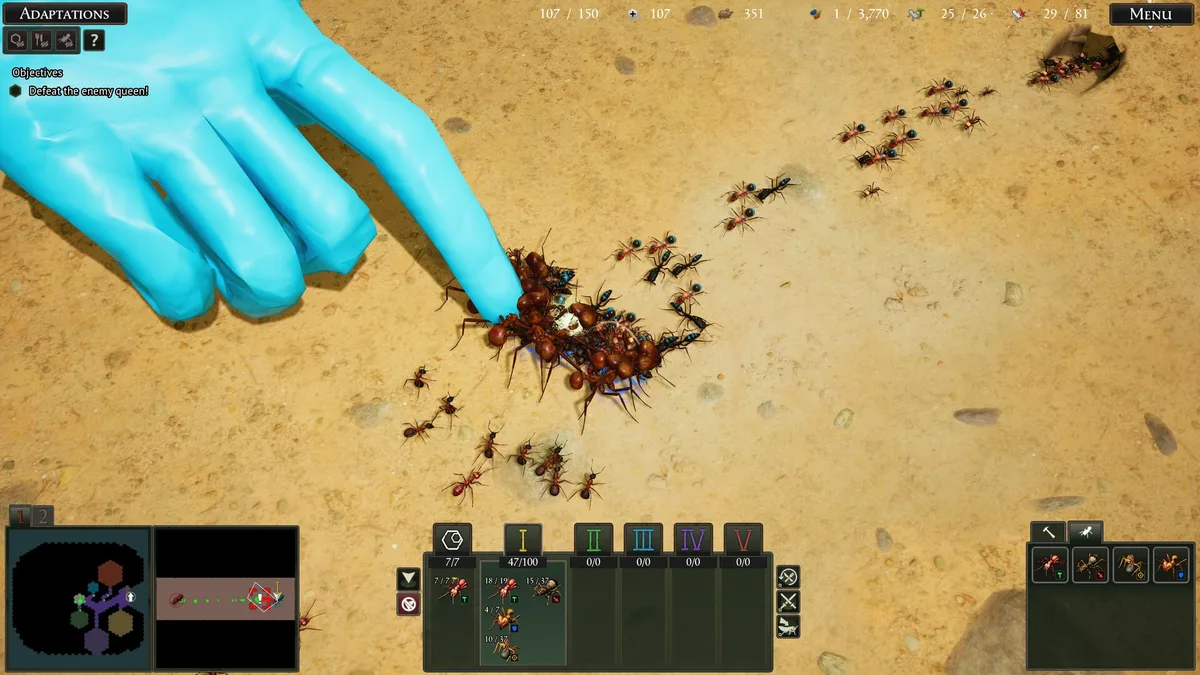 A giant blue gloved hand presses down on a swarm of red ants fighting in the sand, with an Adaptations panel in the top corner