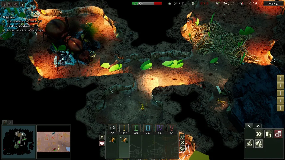 Orange-lit nest chambers cut into dark soil, seen from above, with the colony unit bar along the bottom of the screen