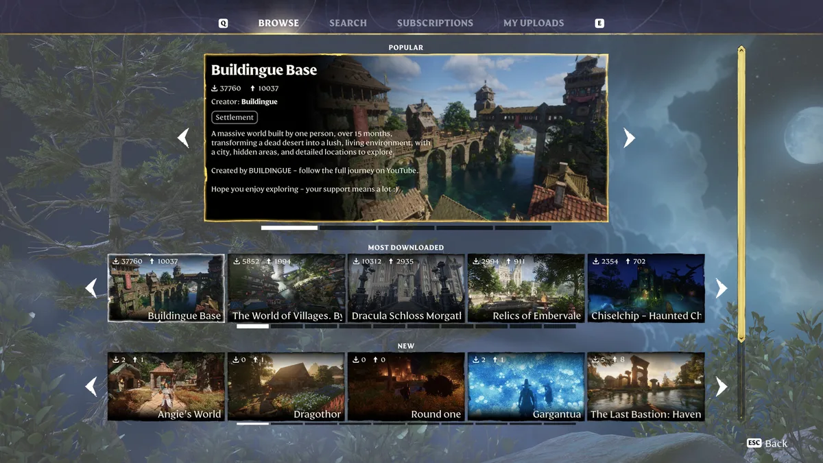 The Enshrouded Adventure Sharing browser showing a popular player world called Buildingue Base and rows of downloadable worlds