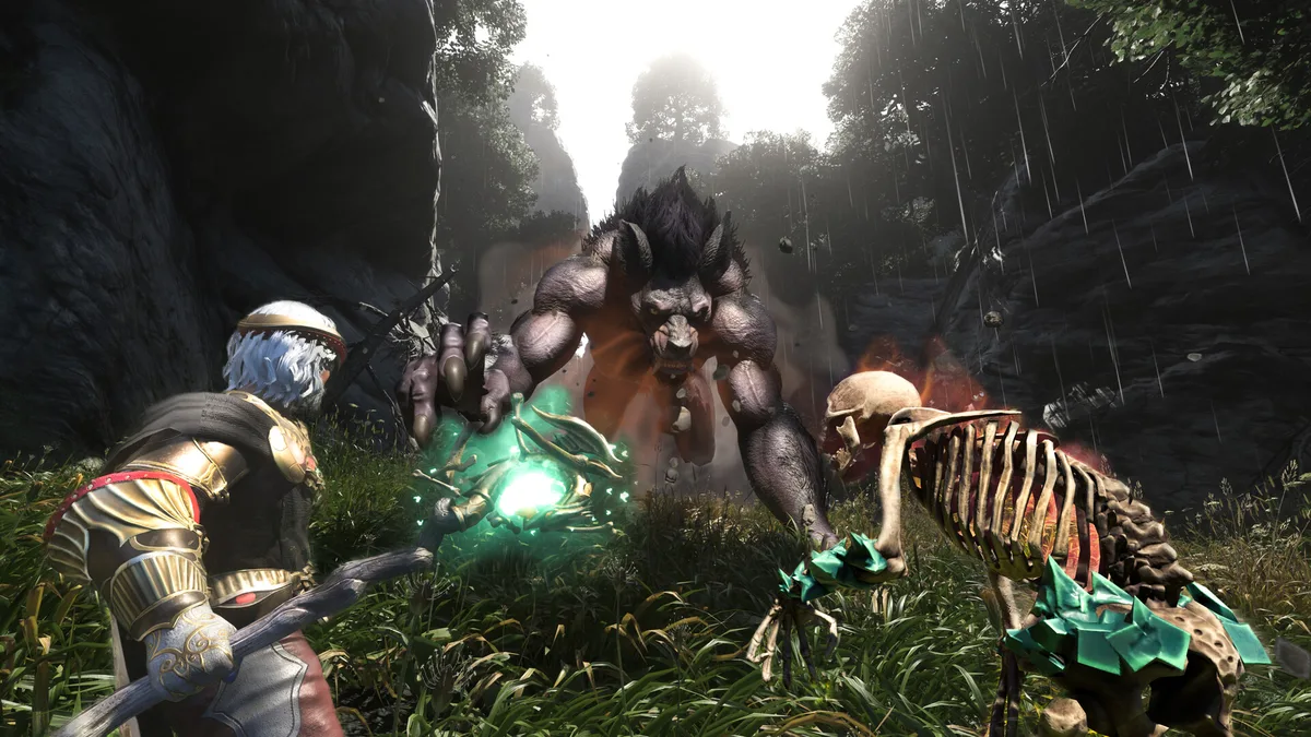 A player casts a green spell while a summoned skeleton fights a large horned beast in a rainy forest