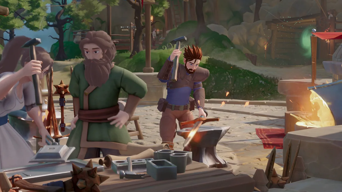 Three smiths in aprons hammering weapons at anvils in a cobbled town square, a forge glowing at the right