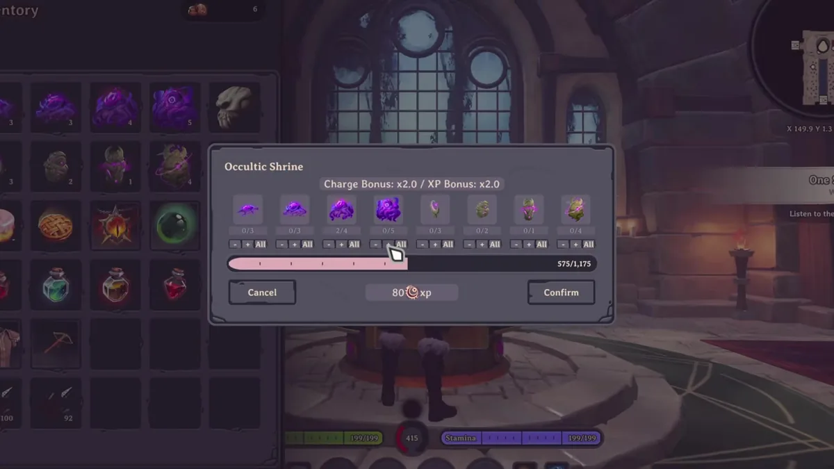 An Occultic Shrine menu showing purple sacrifice items, a charge bar and a Charge Bonus x2.0 / XP Bonus x2.0 line