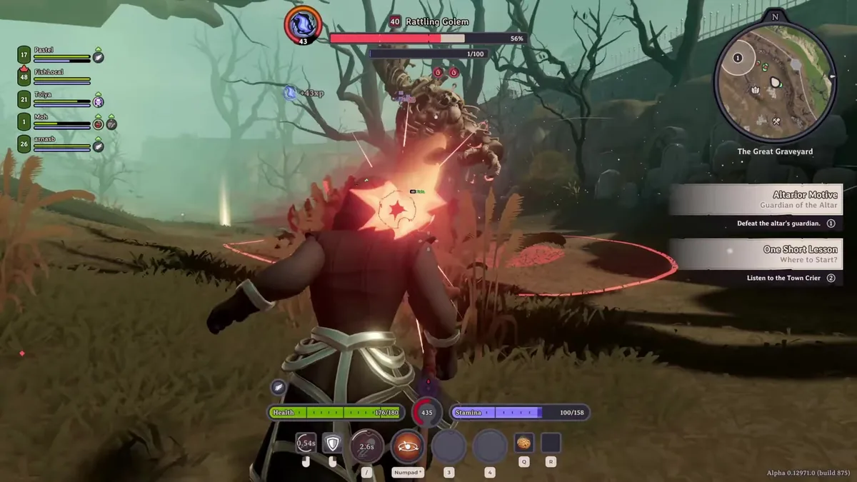 A player swinging at a level 40 Rattling Golem in a foggy graveyard, party health bars on the left and a quest tracker on the right
