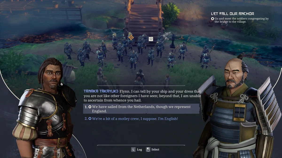 Flynn in a dialogue scene with samurai commander Tanaka Takayuki, choosing how to explain the crew's nationality as soldiers gather near a bridge