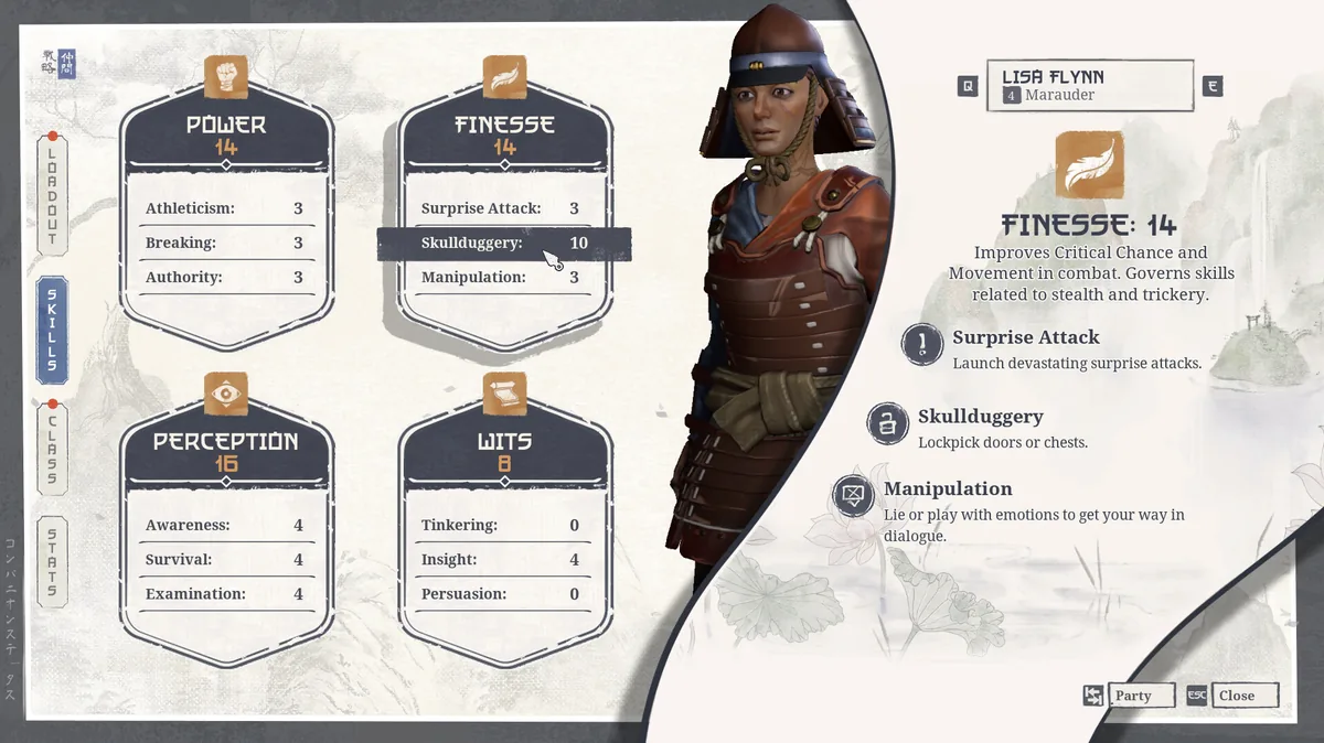 Character sheet for a level 4 Marauder crew member showing Finesse-based skills including Surprise Attack, Skullduggery, and Manipulation