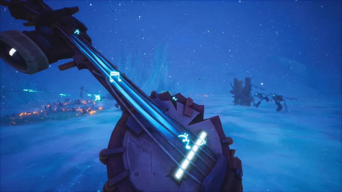 Far Far West player faces a large lava monument with a bright blue spell effect nearby