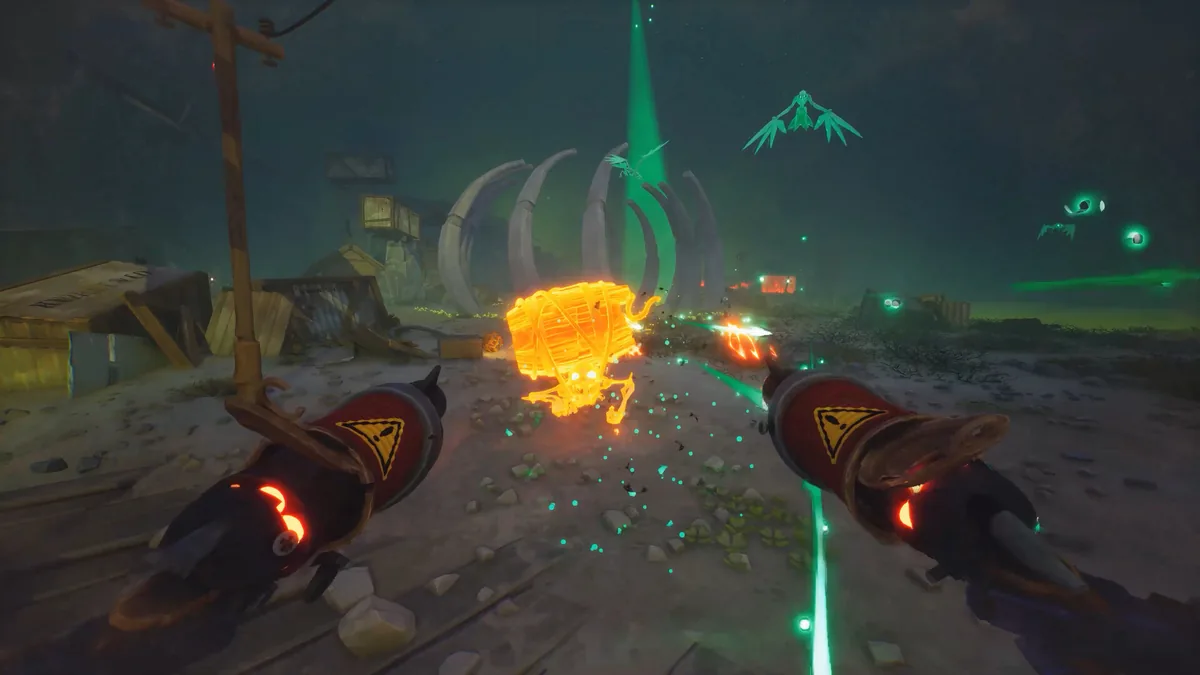 Far Far West first-person combat in a foggy nighttime junkyard, dual weapons marked with yellow hazard symbols aimed at glowing skeletal enemies near a curved bone-like archway structure