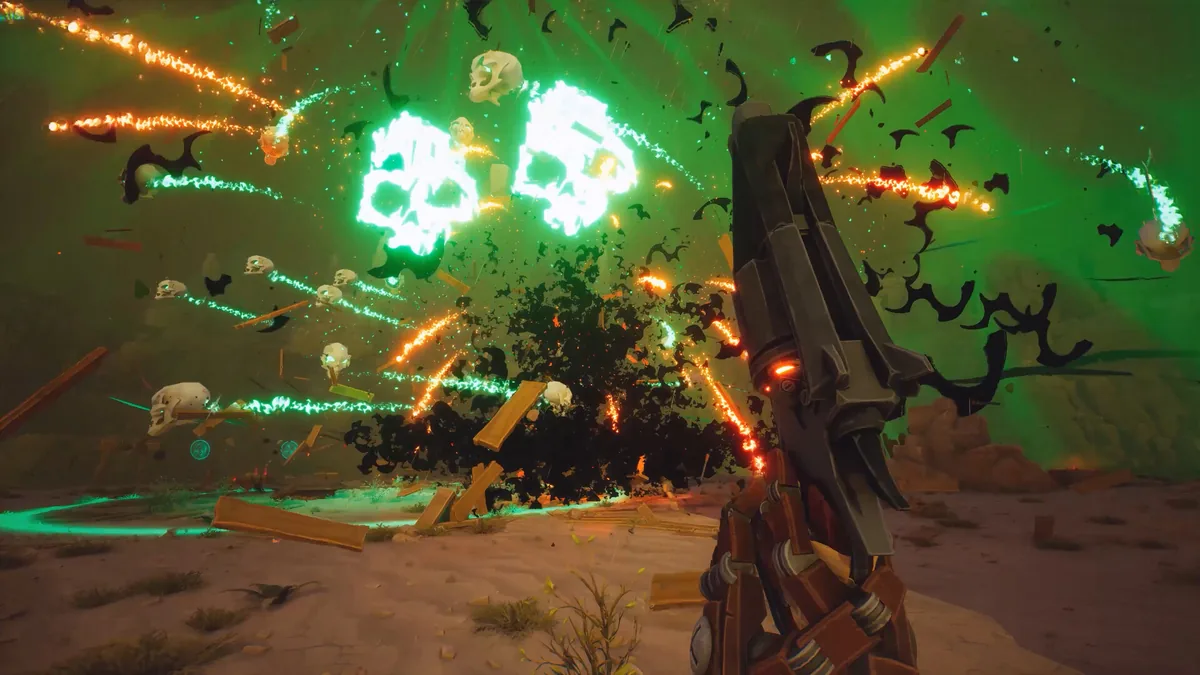 Far Far West first-person bullet-hell combat with glowing green skull projectiles and orange tracers filling a desert arena
