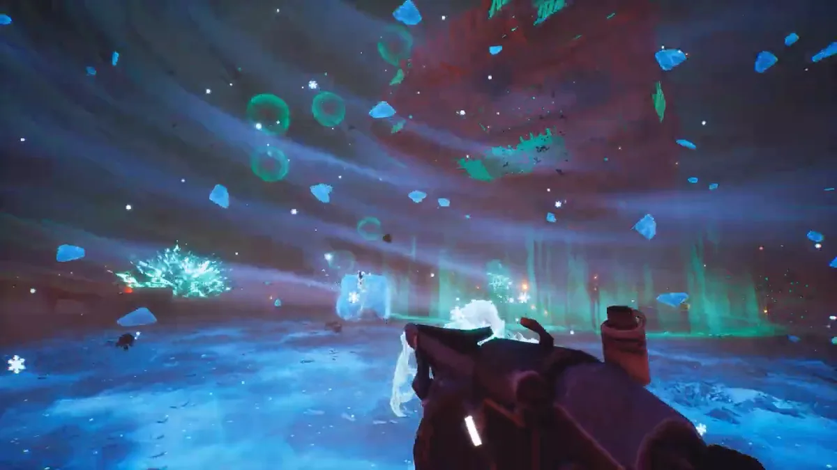 Far Far West Frostburn trailer frame: ice shards and a swirling snowstorm surround the player holding a revolver on frozen ground