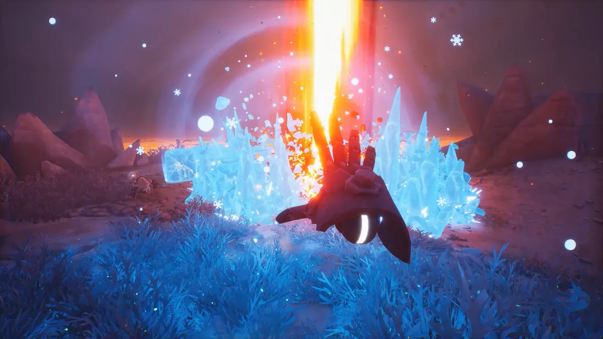 Far Far West robot cowboy character encased in a jagged blue ice crystal formation while under attack, cast by the Frost Cube spell