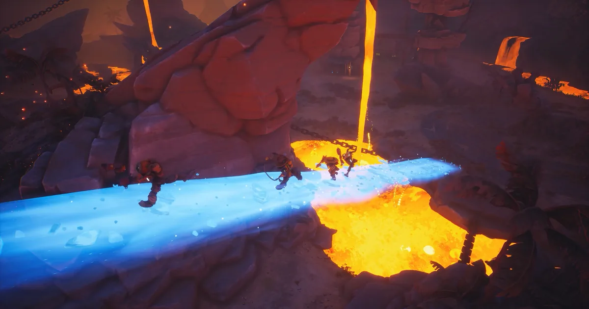 Far Far West robot cowboys crossing a Frost Bridge spell's blue ice walkway spanning a lava gap in the volcanic Hellfire region