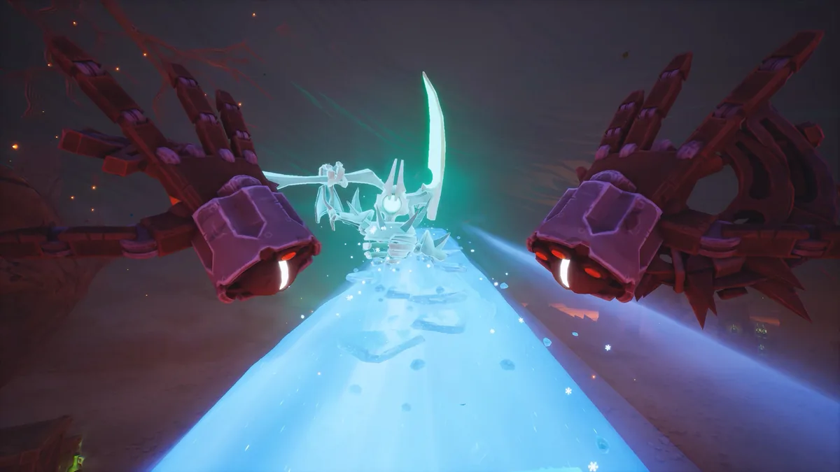 Far Far West first-person view with dual Knuckles melee weapons raised, facing a frozen ice-covered skeletal enemy on the Frost Bridge