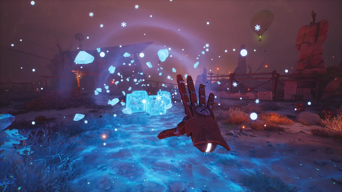 Far Far West Frost spell casting an icy hand that summons floating ice shards and snowflakes over a hazy desert town