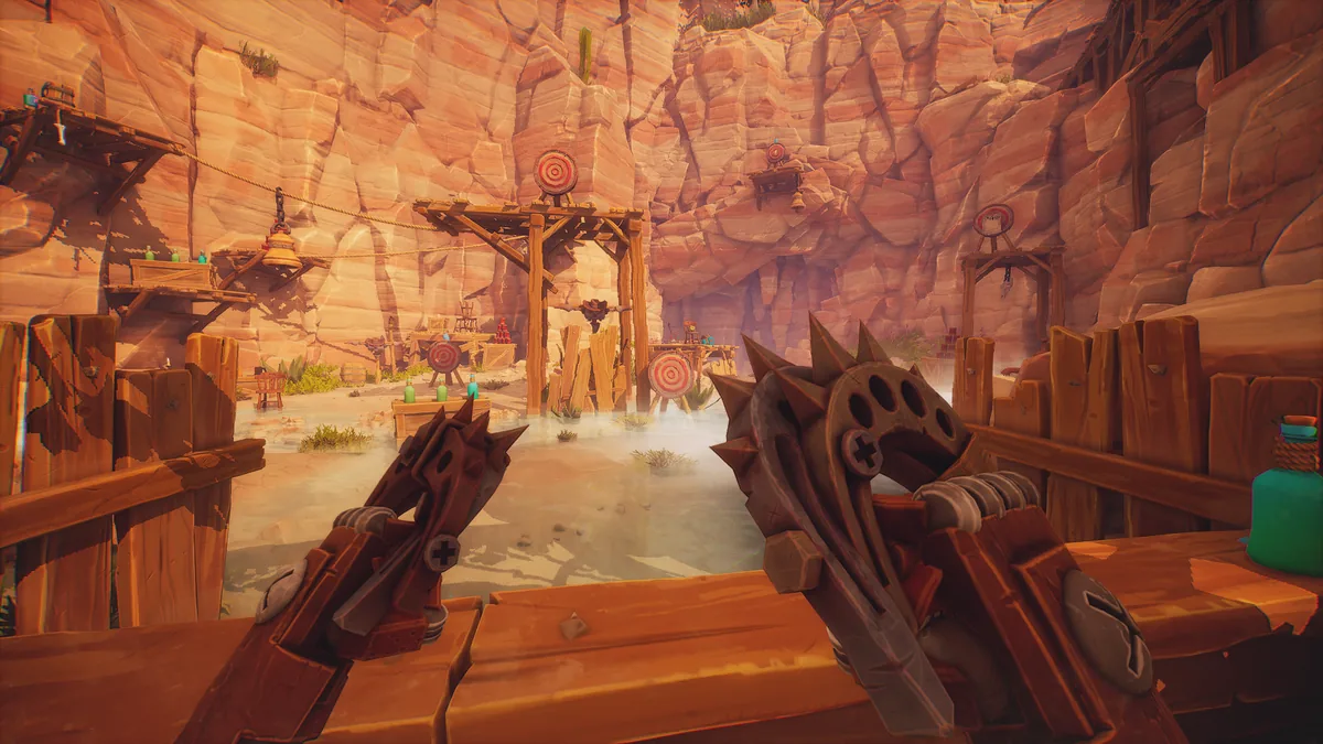 Far Far West first-person view holding the new spiked Knuckles melee weapon in a canyon shooting range with archery targets
