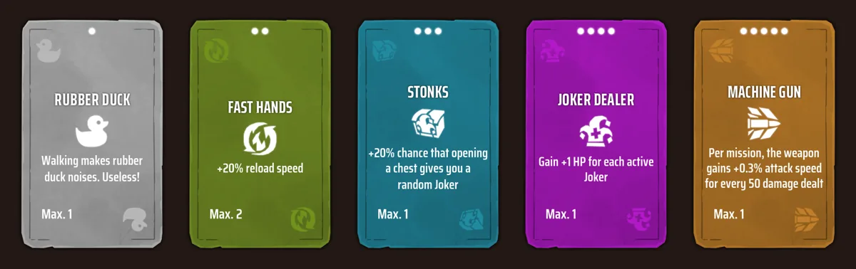 Five Far Far West Joker cards in a row, from a grey Normal Rubber Duck card through green, blue and purple cards to an orange Legendary Machine Gun card
