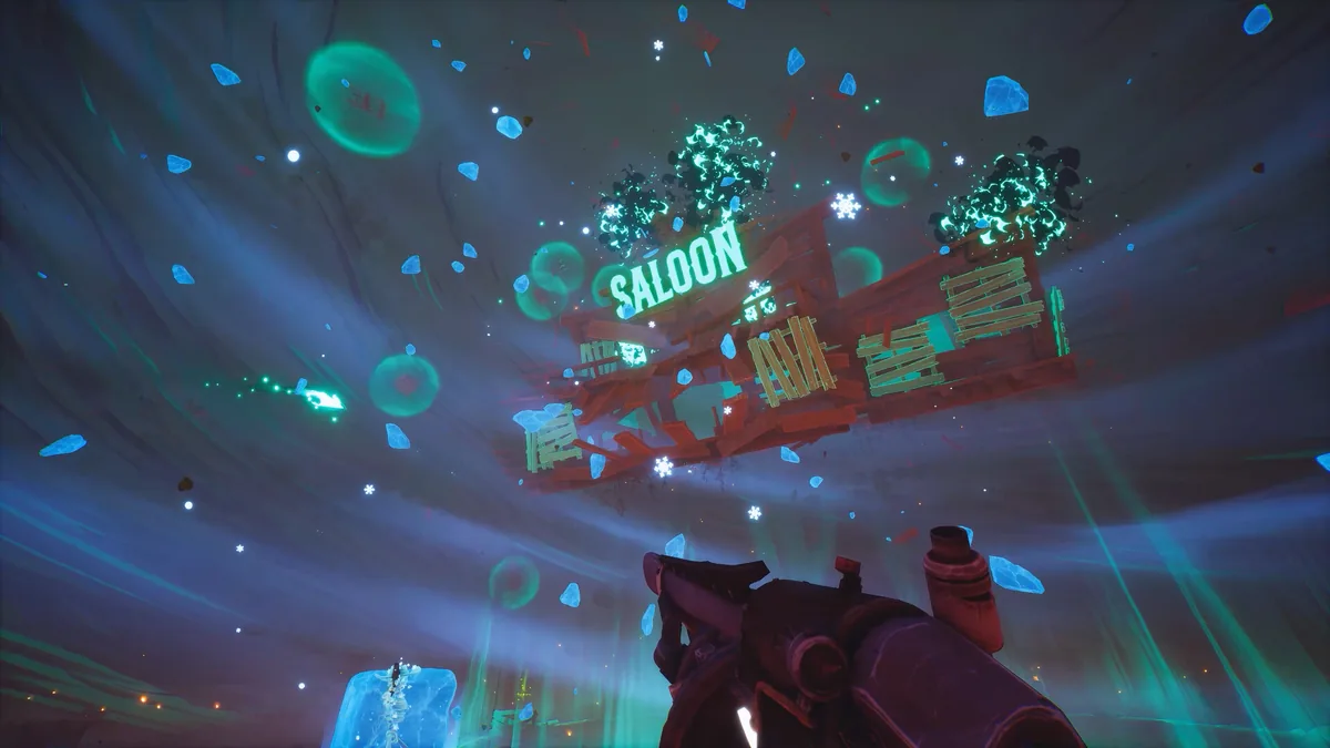 A wooden Saloon sign blown apart in a burst of green and blue magic as a Far Far West player aims a heavy gun upward